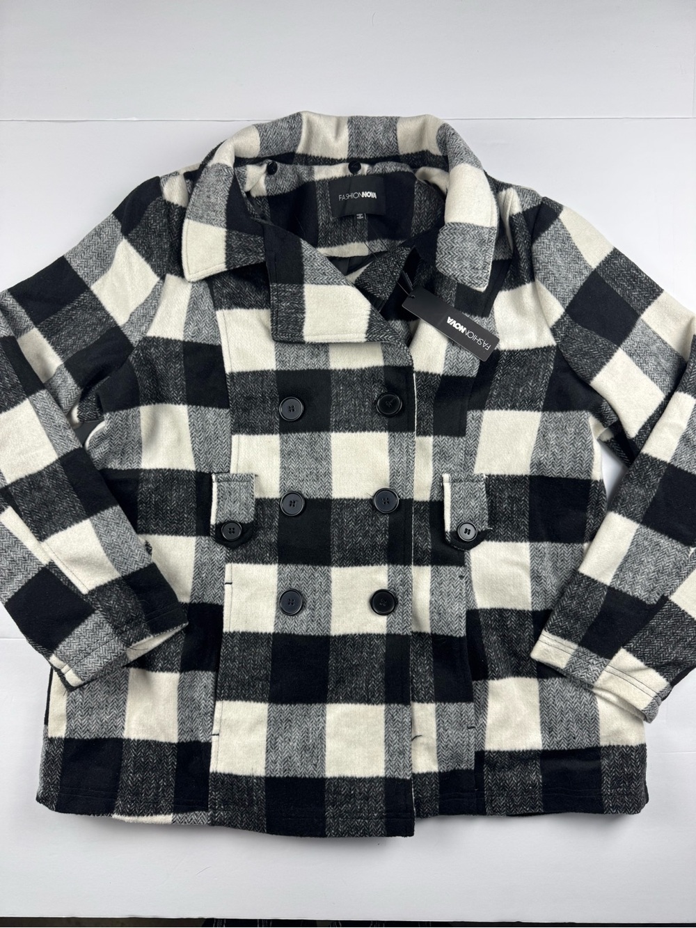 Fashion Nova Black & White Buffalo Check Peacoat